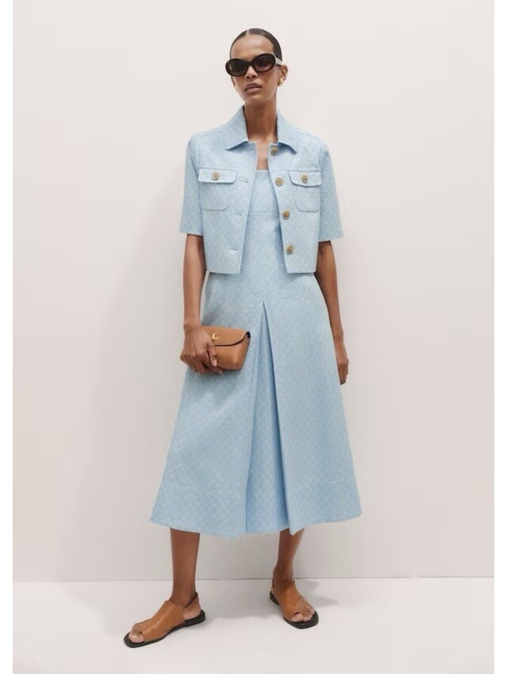ME+EM Chambray Blue Geometric Jacquard Cropped Short Sleeve Jacket Size 2